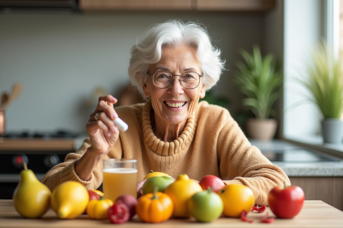 Femme senior souriante avec vitamine E dans la cuisine