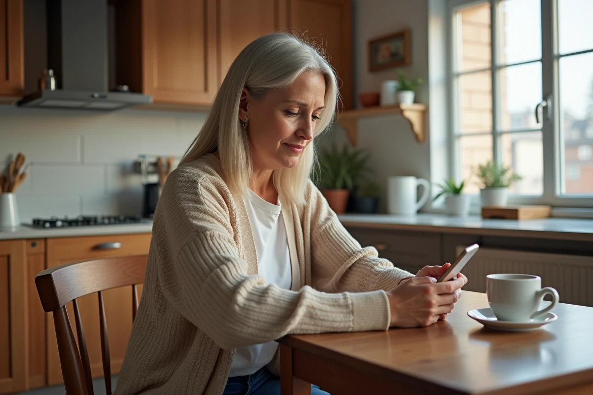 Femme d'âge moyen lisant un SMS médical à la maison