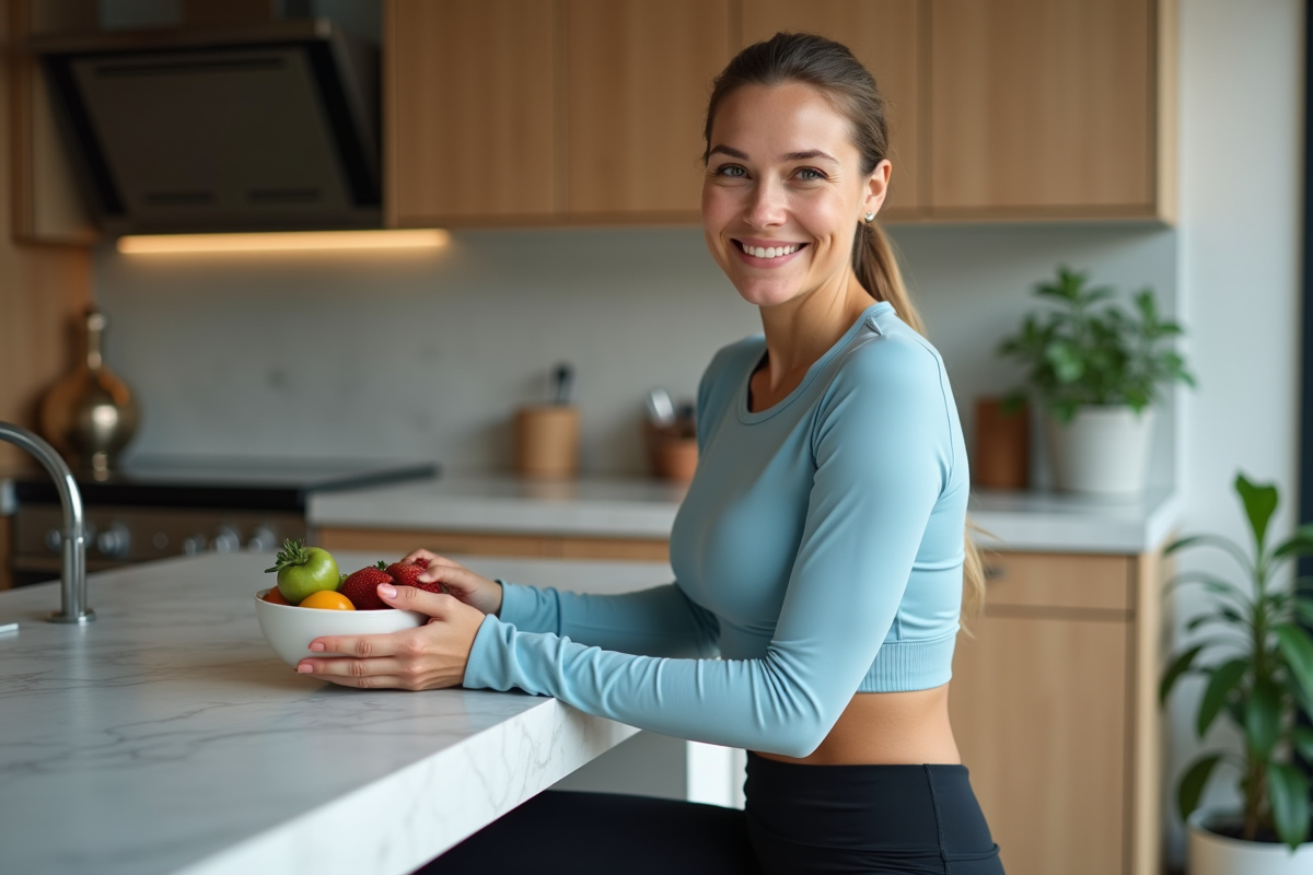 Femme sportive souriante mangeant des fruits dans la cuisine