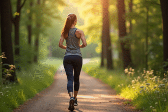 Femme sportive marchant dans la forêt avec montre connectée