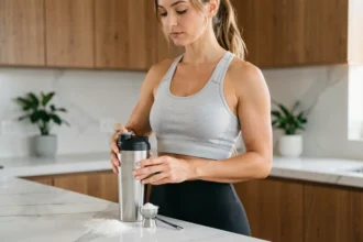 Femme sportive préparant une shaker de whey protéine dans une cuisine moderne pour soutenir la perte de ventre