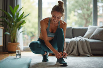 Femme souriante en tenue de sport dans un salon lumineux