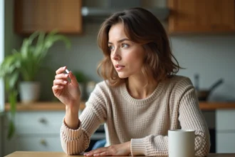 Femme curieuse tenant un complément dans une cuisine lumineuse
