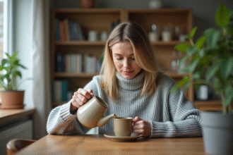 Femme versant du thé dans une tasse dans une cuisine chaleureuse
