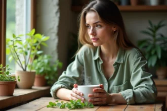 Femme tenant une tasse de tisane à la menthe fraîche dans une cuisine rustique en bois, ambiance naturelle et apaisante