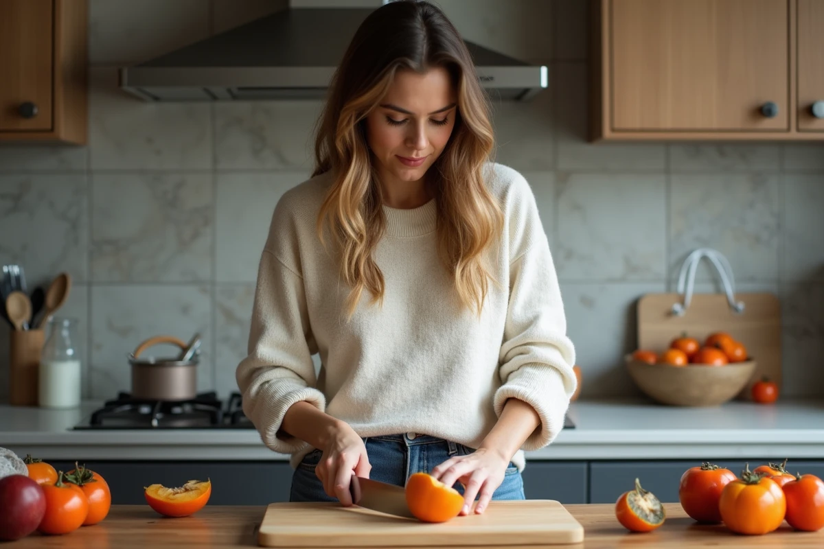 Femme en cuisine tranchant des persimmons mûrs dans une ambiance chaleureuse