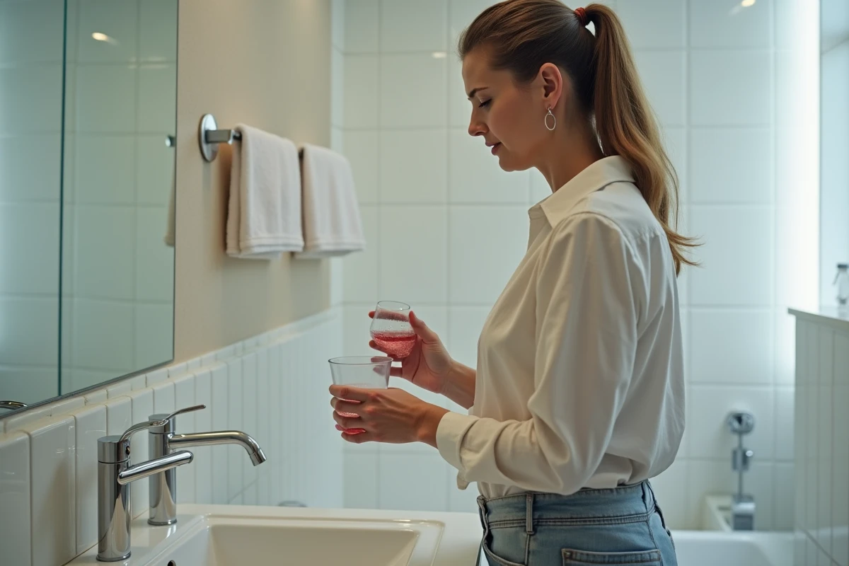 Femme d'âge moyen tenant un récipient d'urine dans sa salle de bain