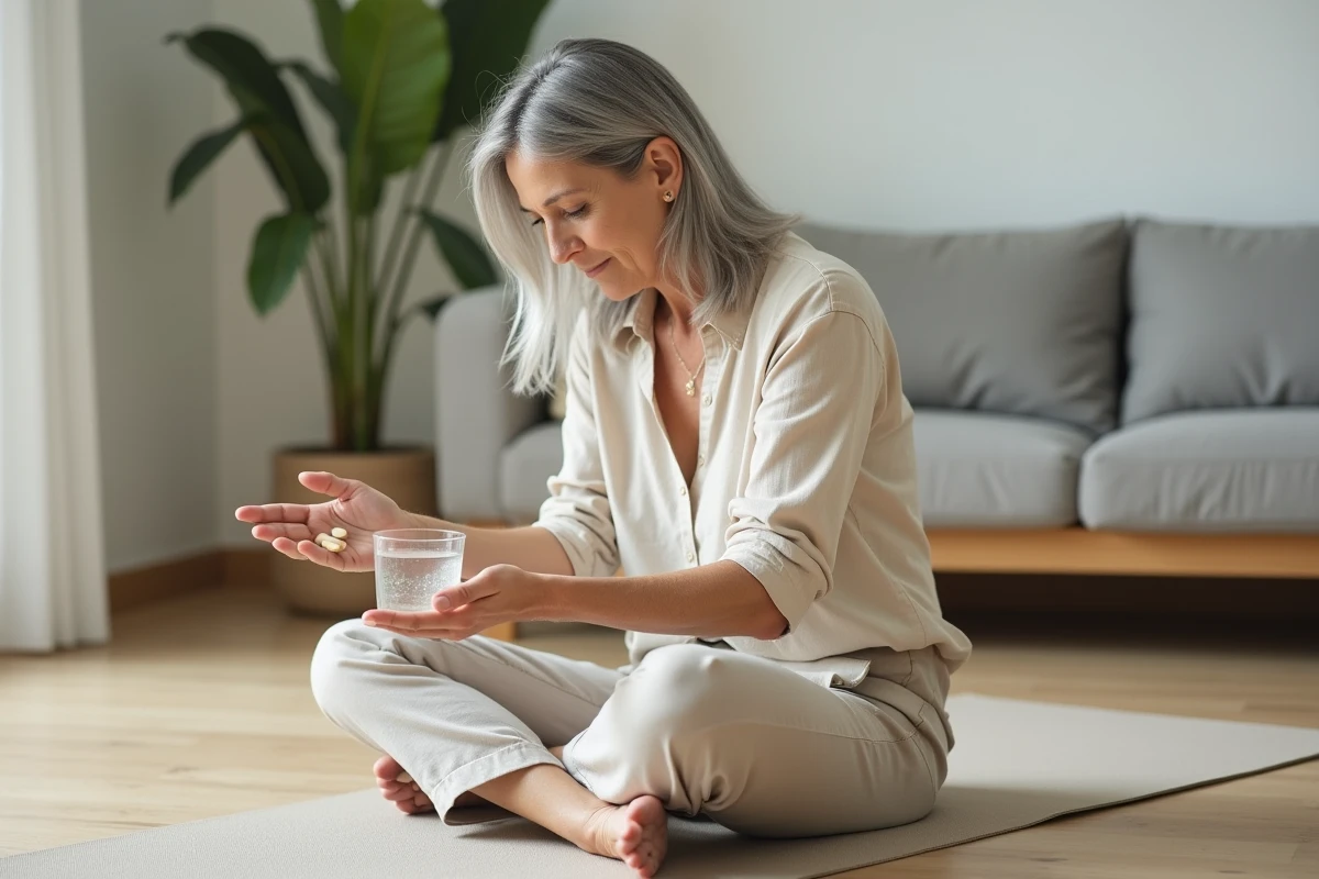 Femme de 50 ans examinant une capsule de complément alimentaire sur un tapis de yoga dans un salon minimaliste