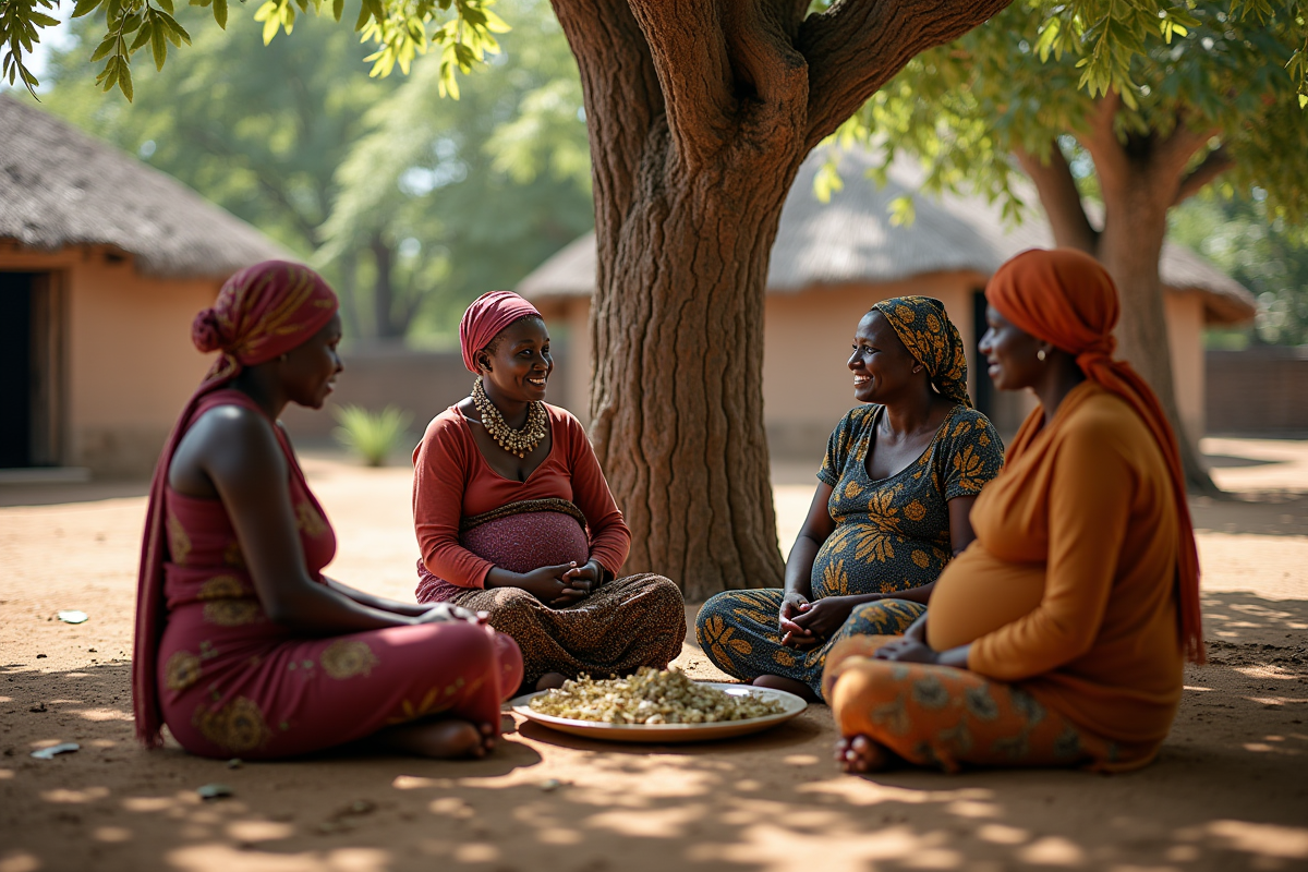 Femmes rurales partageant des herbes en cercle