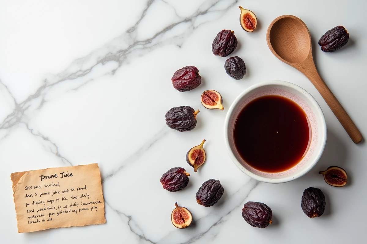 Vue du dessus d'un assortiment de pruneaux séchés, jus de pruneaux et figue sur marbre blanc, pour illustrer les remèdes naturels contre la constipation