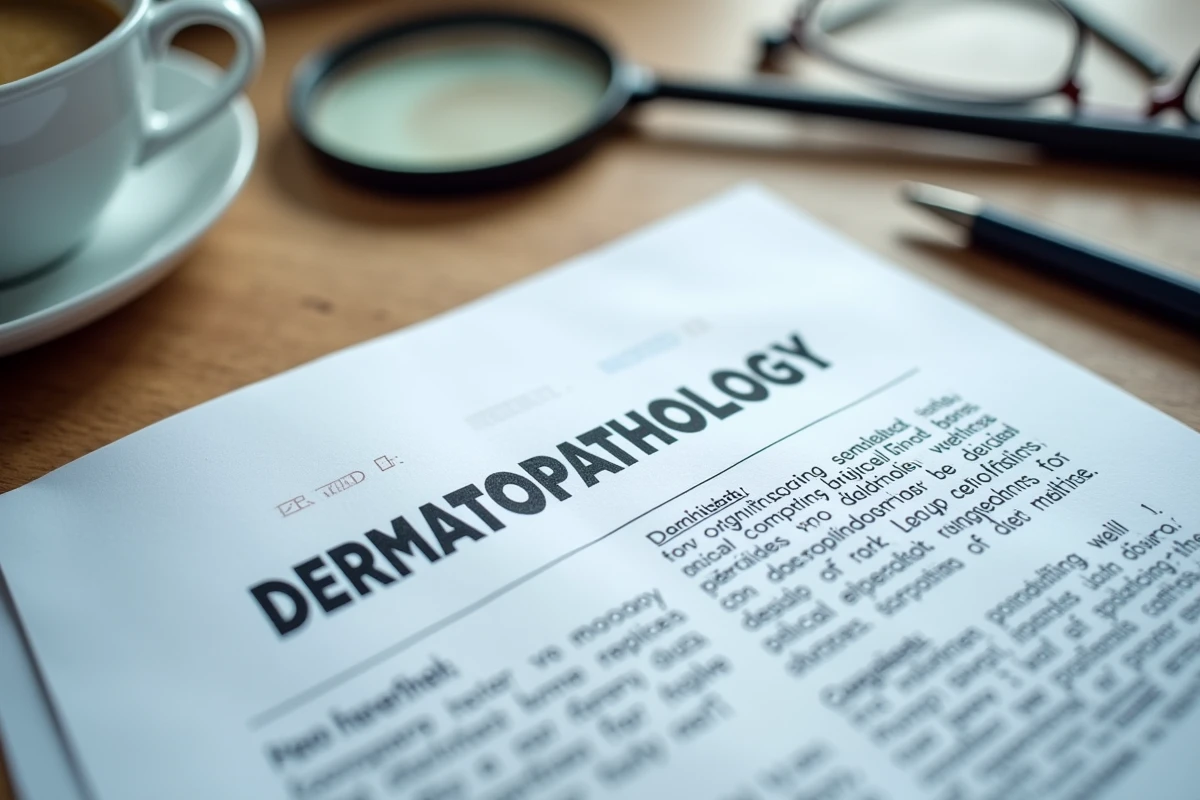 Gros plan d'un compte rendu de dermatopathologie posé sur un bureau avec loupe et stylo