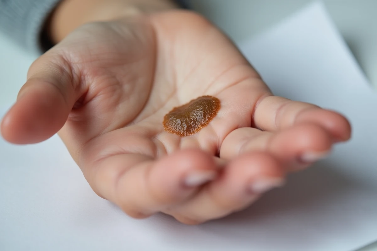 Gros plan d'une verrue séborrhéique sur le dos de la main d'un adulte posée sur une surface médicale blanche