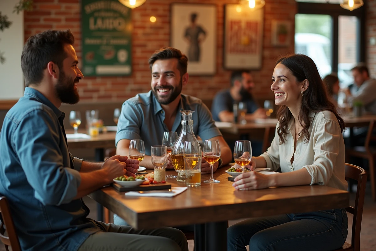 Groupe d'amis autour d'une table de bistro français avec des verres de pastis et de l'eau, illustrant la convivialité et la réduction des risques liés à l'alcool
