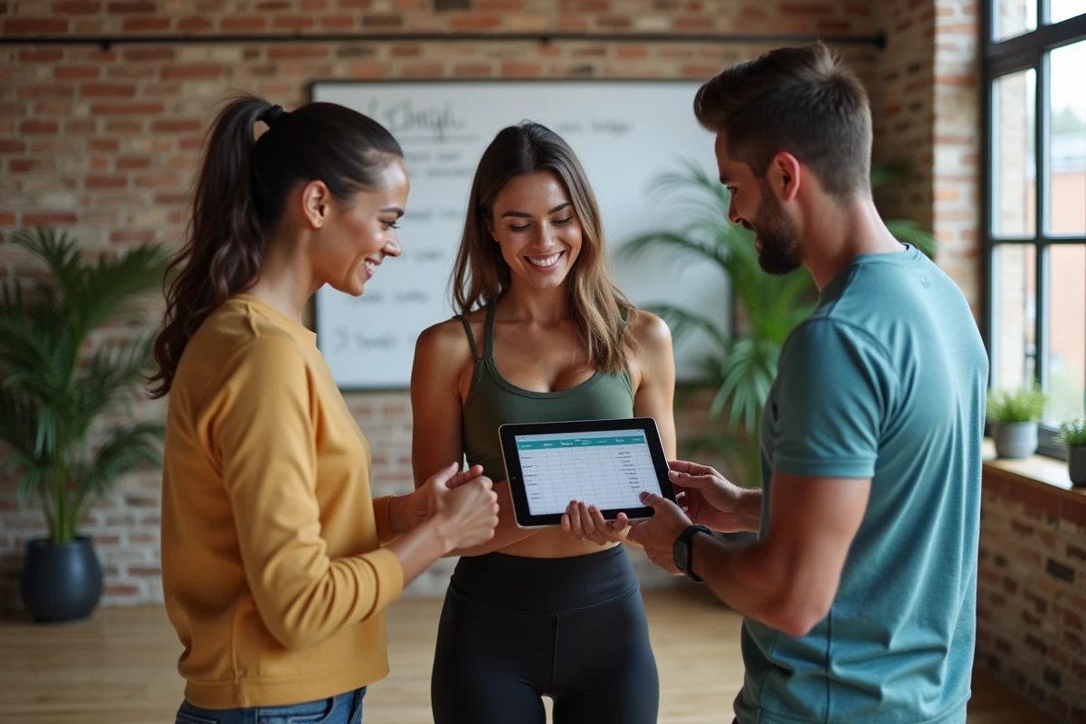Groupe de sportifs discutant des avis sur la méthode Power 1000 autour d'une tablette