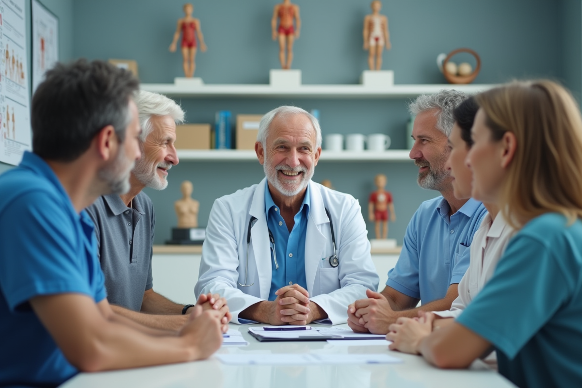Groupe de personnes en discussion avec un professionnel de santé