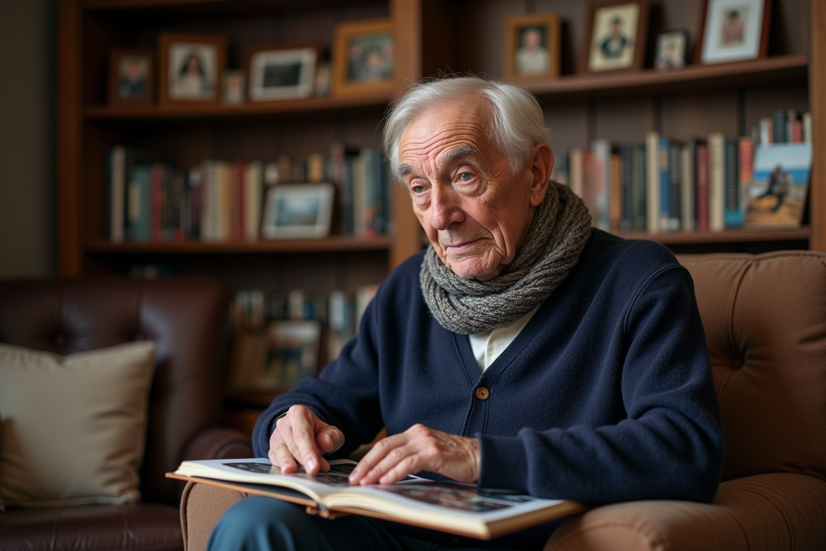 Homme âgé en salon lecture avec album photo