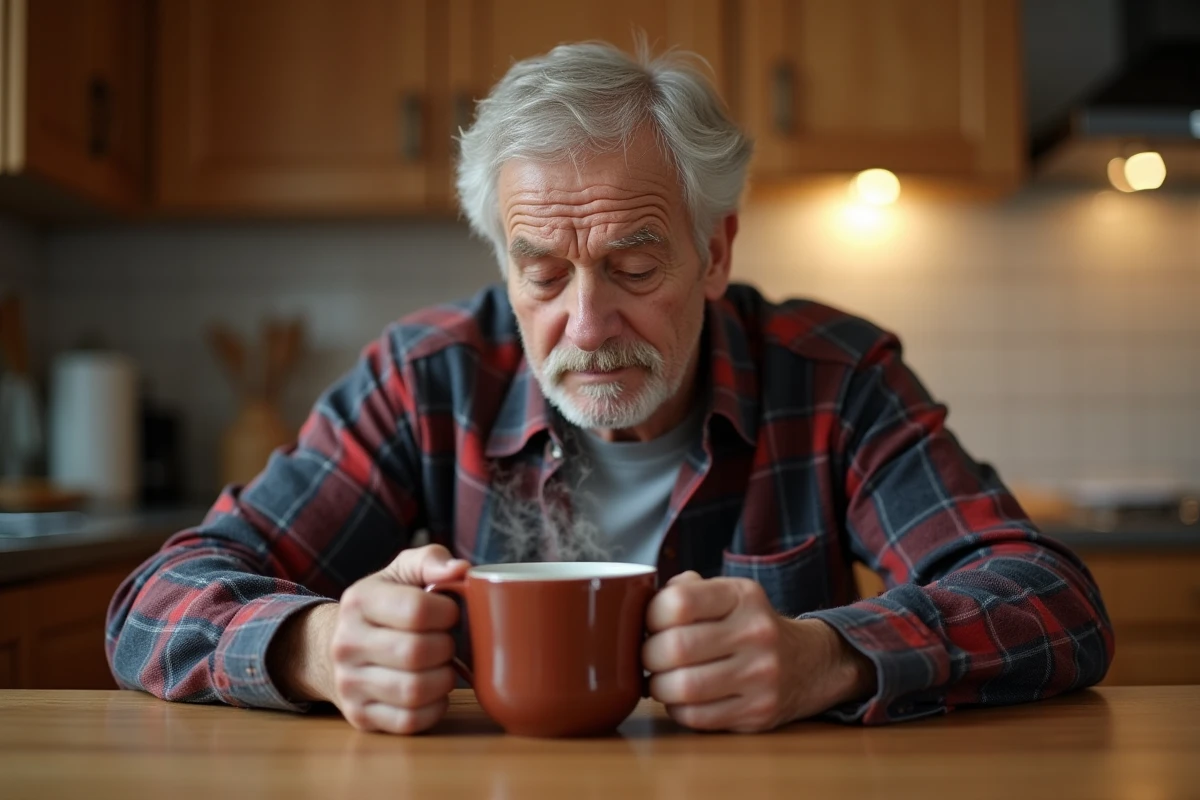 Homme âgé assis à la cuisine avec une tasse de tisane chaude pour tenter de calmer une quinte de toux nocturne