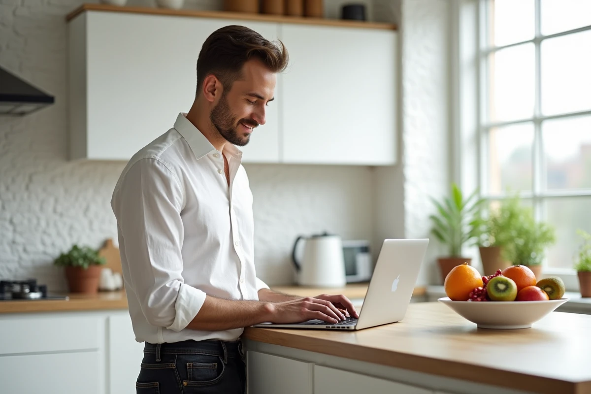 Homme consultant un blog bien-être sur son ordinateur portable dans une cuisine moderne avec des fruits frais