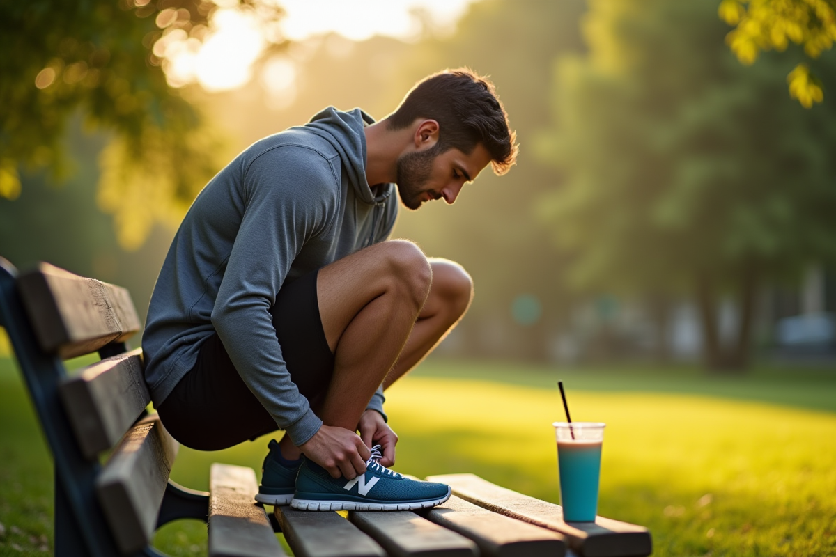 Homme en train de lacer ses chaussures de course au matin