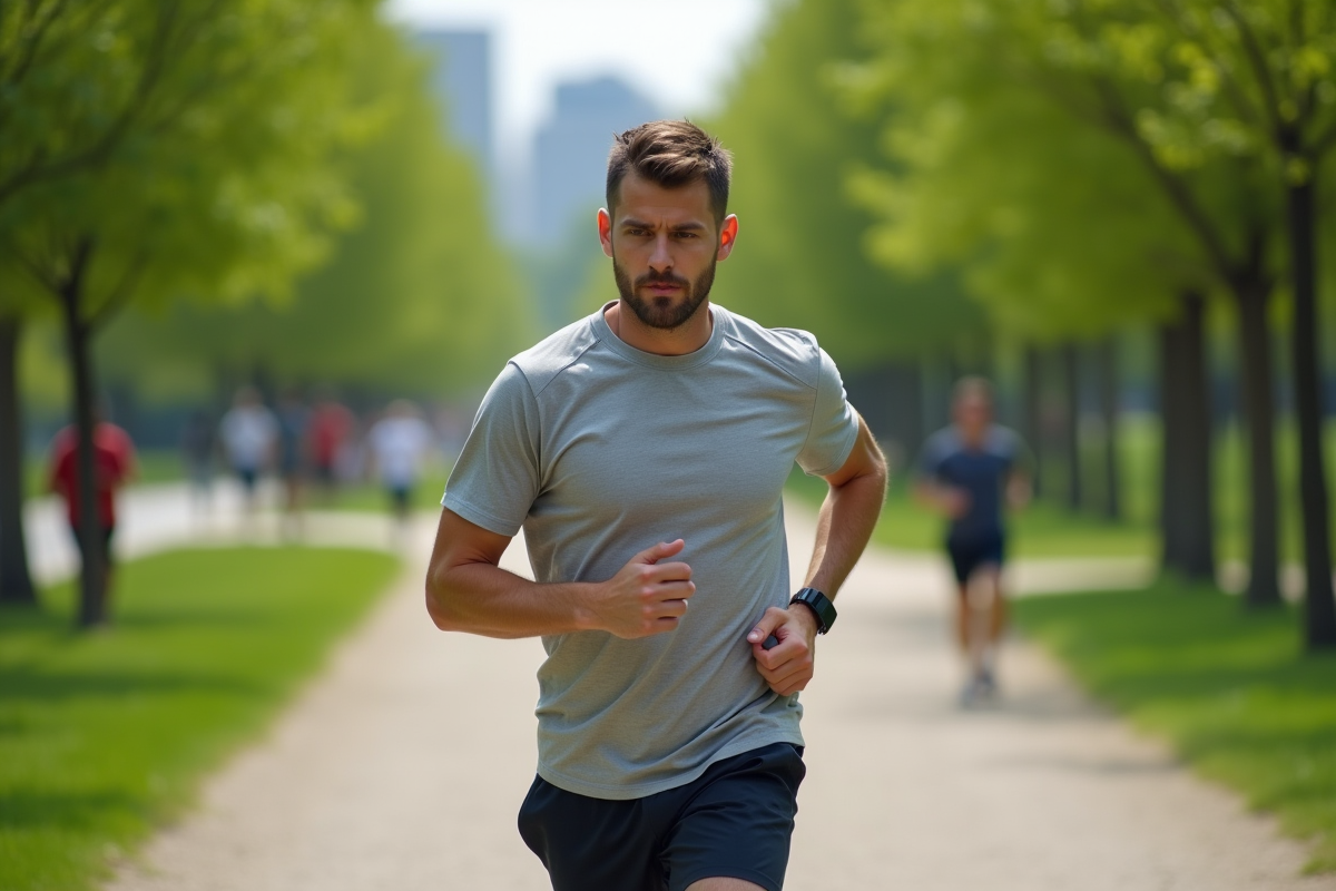 Homme courant dans un parc verdoyant avec un tracker fitness