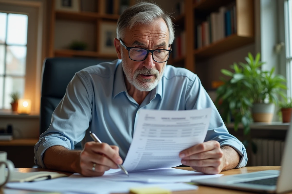 Homme en train de compléter des dossiers administratifs pour une demande d'indemnisation en lien avec une algodystrophie et un taux d'invalidité