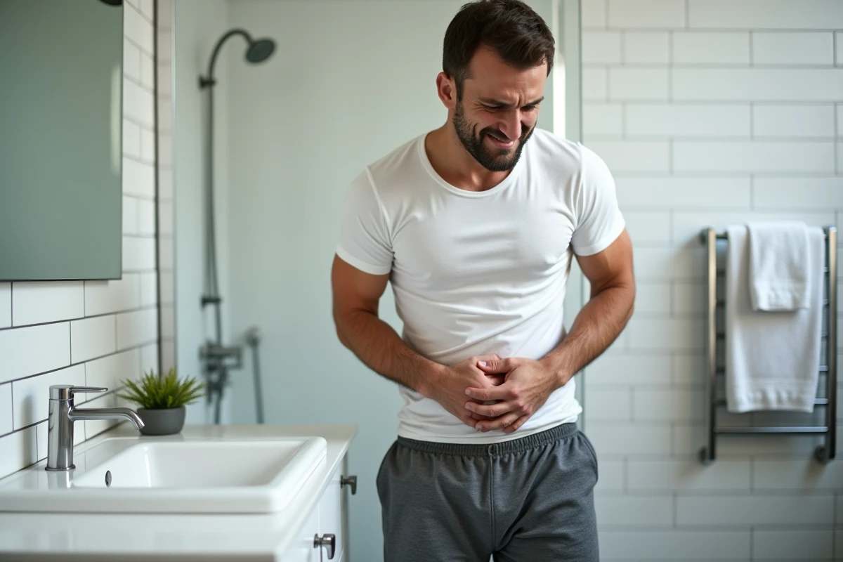 Homme souffrant d'une douleur abdominale basse gauche dans une salle de bain moderne