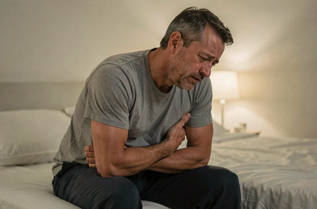 Homme assis sur le bord du lit la nuit avec douleur sous les côtes droites tenant son flanc