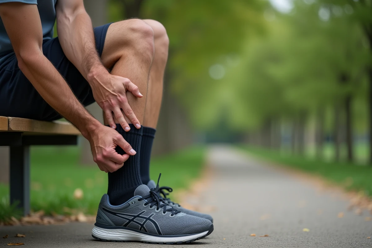 Homme tenant son talon douloureux après une course à pied dans un parc, symptômes typiques de l'épine calcanéenne