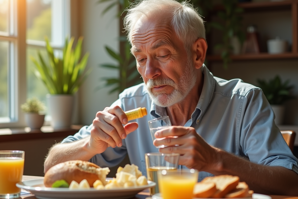 Homme âgé prenant une vitamine B12 au petit déjeuner