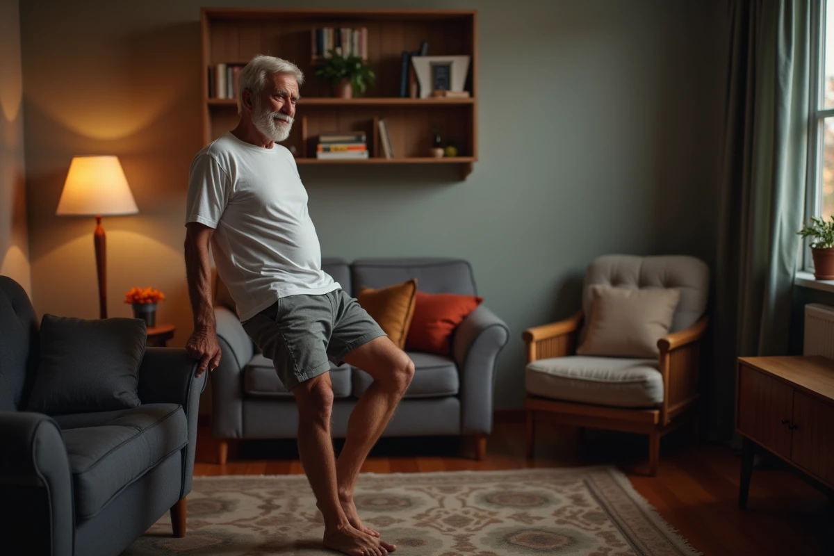 Homme âgé étirant la jambe dans son salon confortable