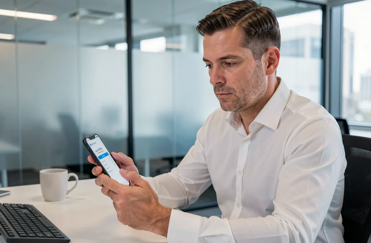 Homme consultant l'espace adhérents MNT sur son smartphone dans un environnement de bureau professionnel