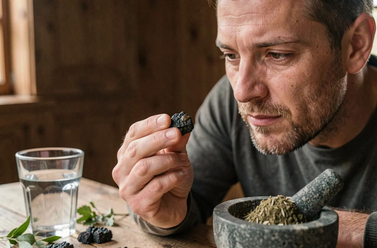 Homme examinant un morceau de shilajit pur de l'Himalaya tenu entre les doigts dans un cadre naturel et authentique