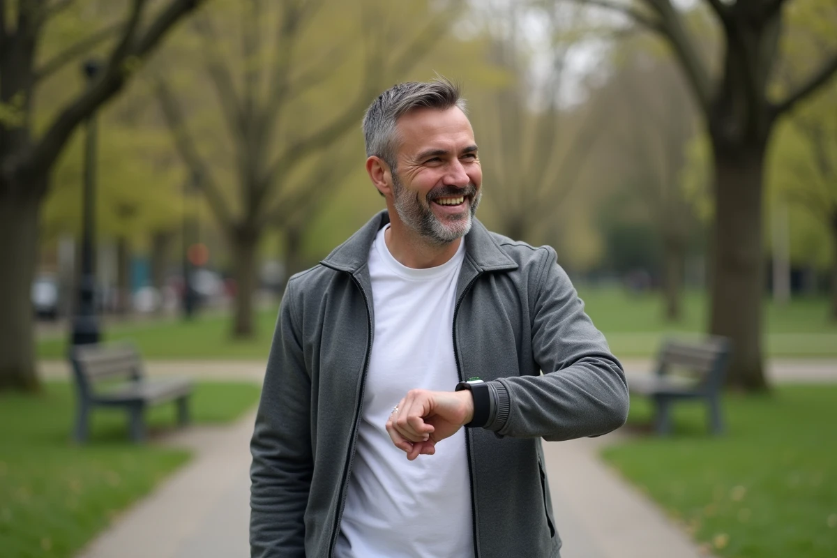 Homme marchant dans un parc en vérifiant son tracker fitness