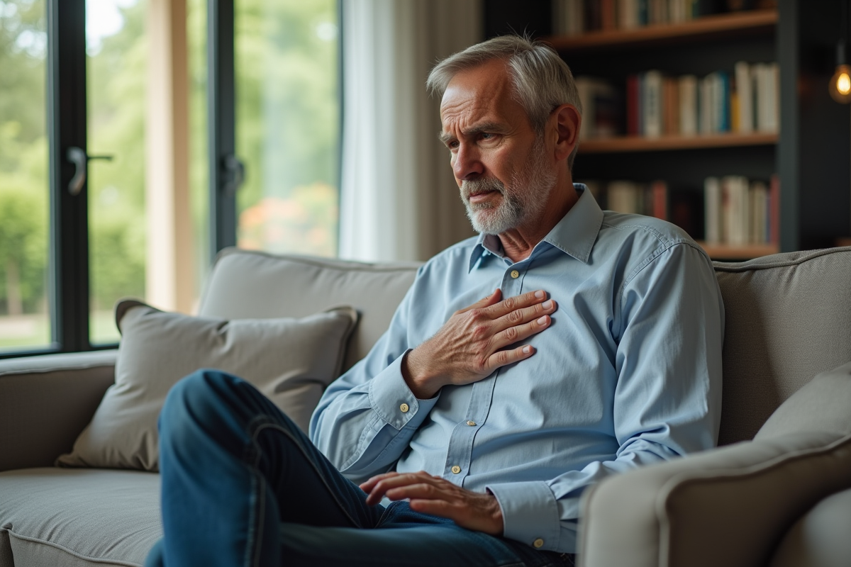 Homme d'âge moyen assis sur un canapé avec expression anxieuse