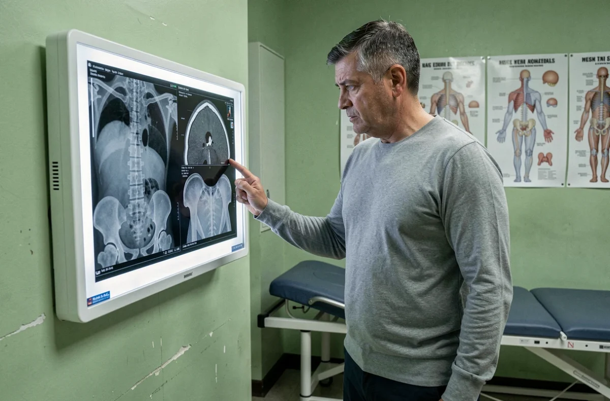 Homme examinant une IRM lombaire révélant une discopathie dégénérative dans un cabinet de consultation orthopédique