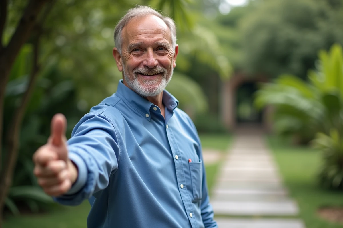 Homme âgé souriant dans un jardin botanique