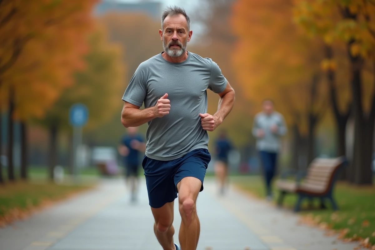 Homme faisant du jogging dans un parc en automne dans le cadre d'une démarche de perte de poids rapide et saine
