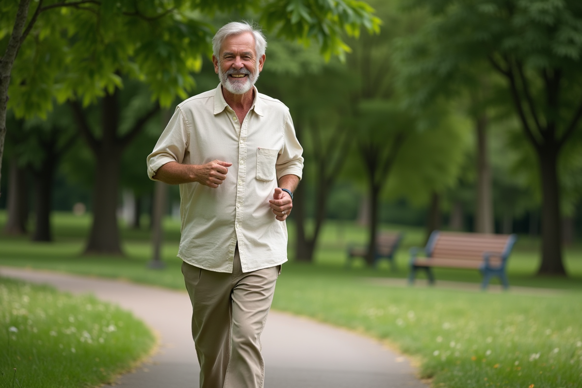 Homme courant dans un parc verdoyant au petit matin