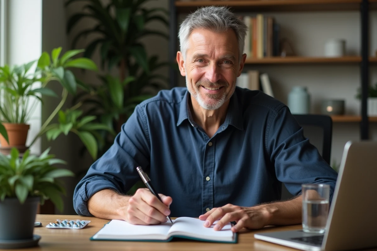 Homme mature prenant des notes dans un journal de bien-être avec des compléments alimentaires sur son bureau à domicile