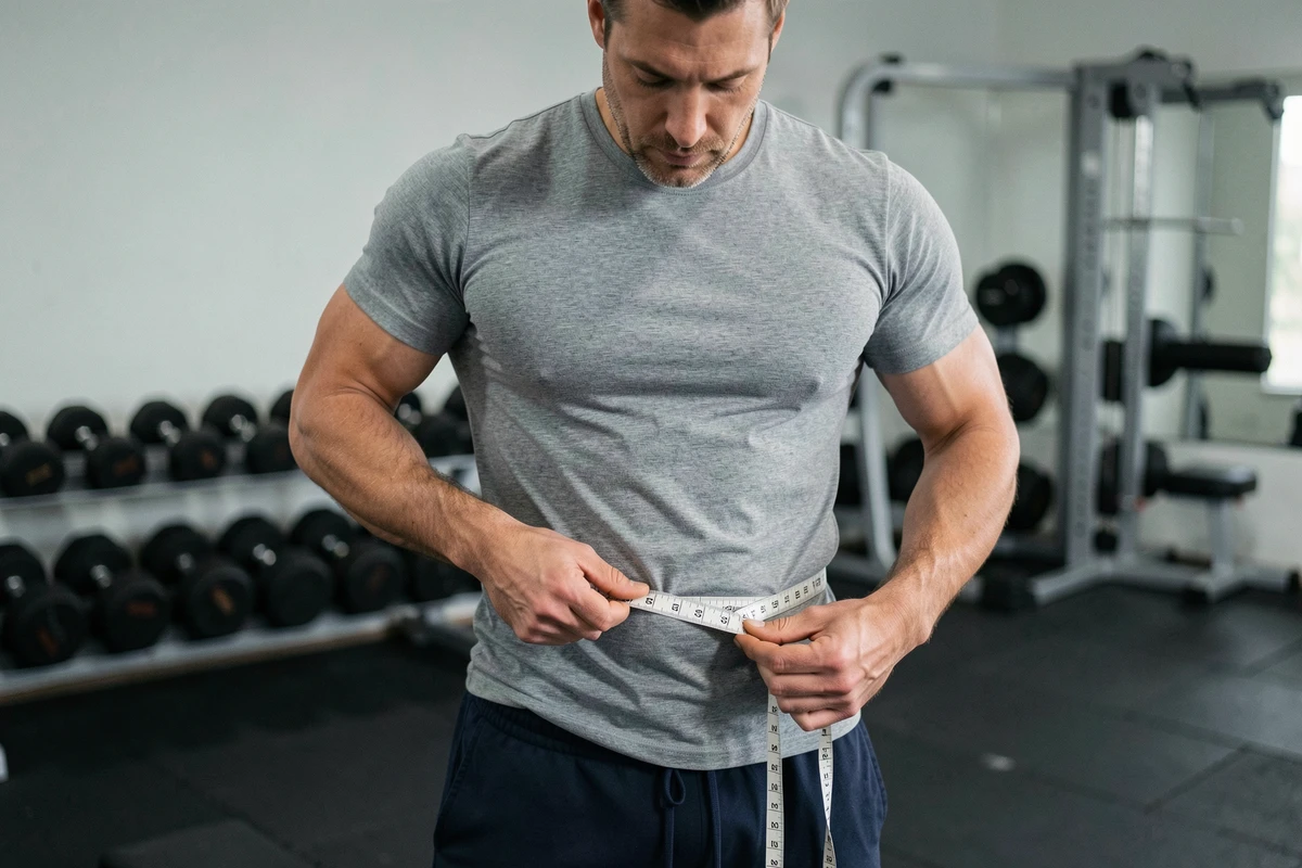 Homme mesurant son tour de taille dans une salle de sport à domicile dans le cadre d'un programme de perte de ventre