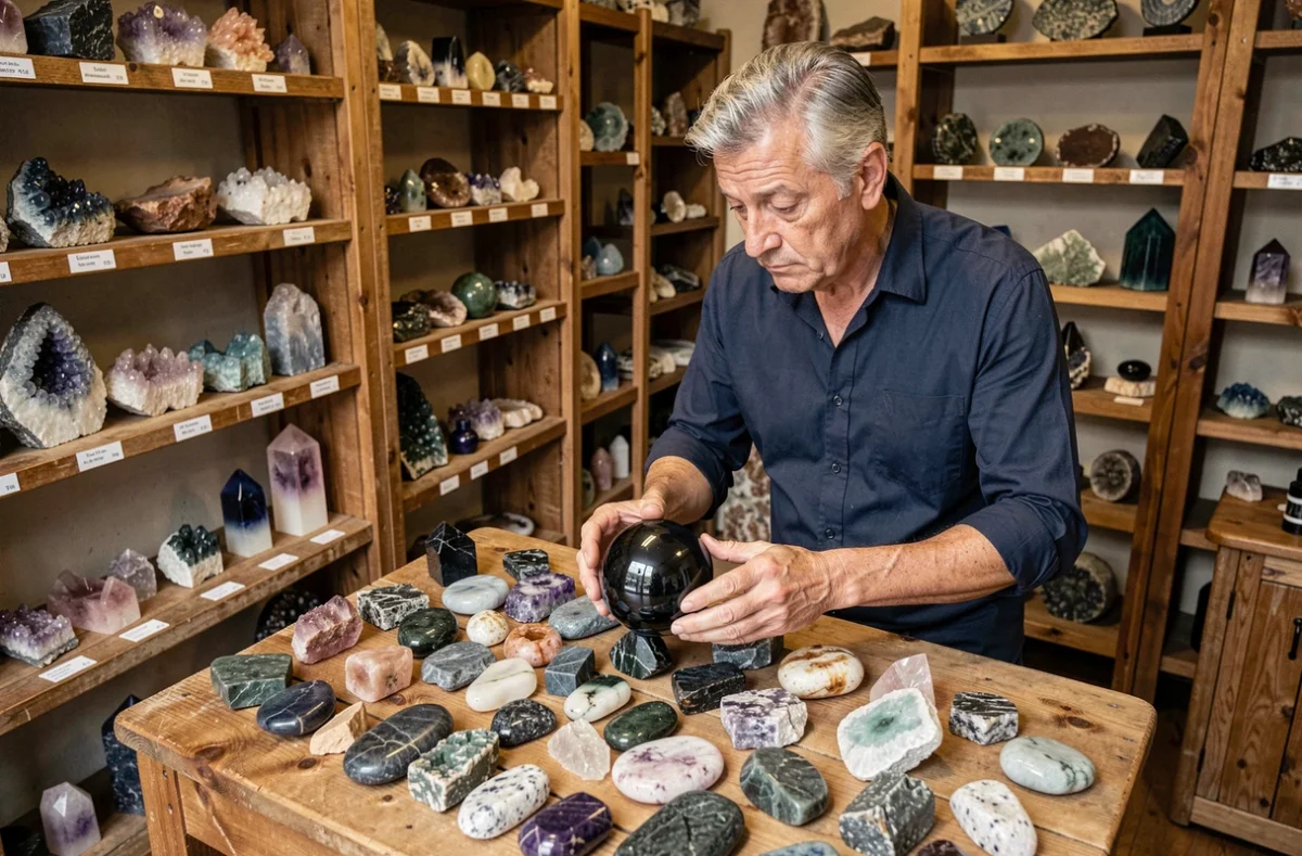 Homme examinant une sphère d'obsidienne dans une boutique de cristaux, entouré de pierres et minéraux variés, en quête de sa pierre de vie idéale