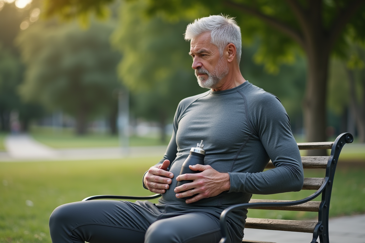 Homme assis sur un banc de parc contemplant sa silhouette