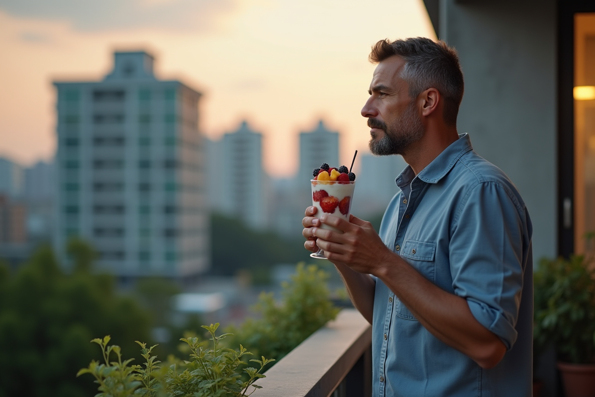 Homme dégustant un parfait en balcon urbain au crépuscule