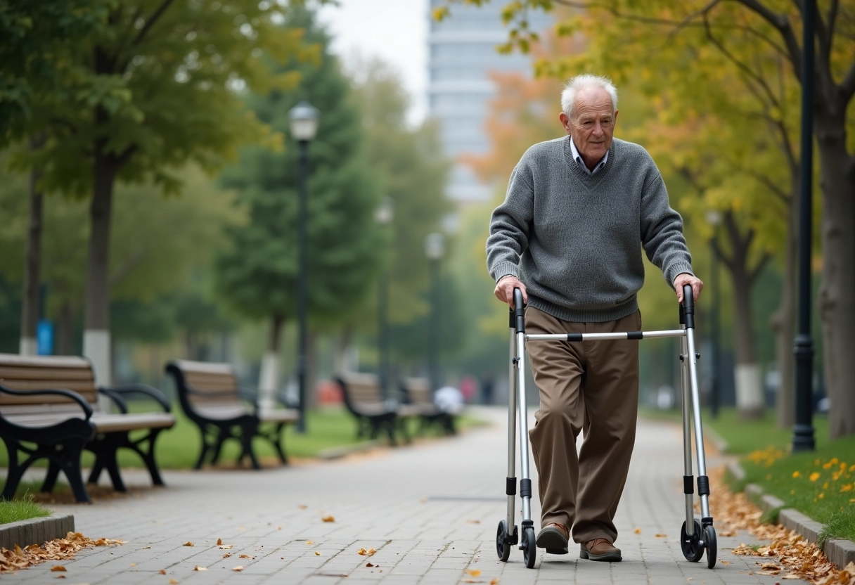 Homme âgé marche dans un parc urbain avec un déambulateur