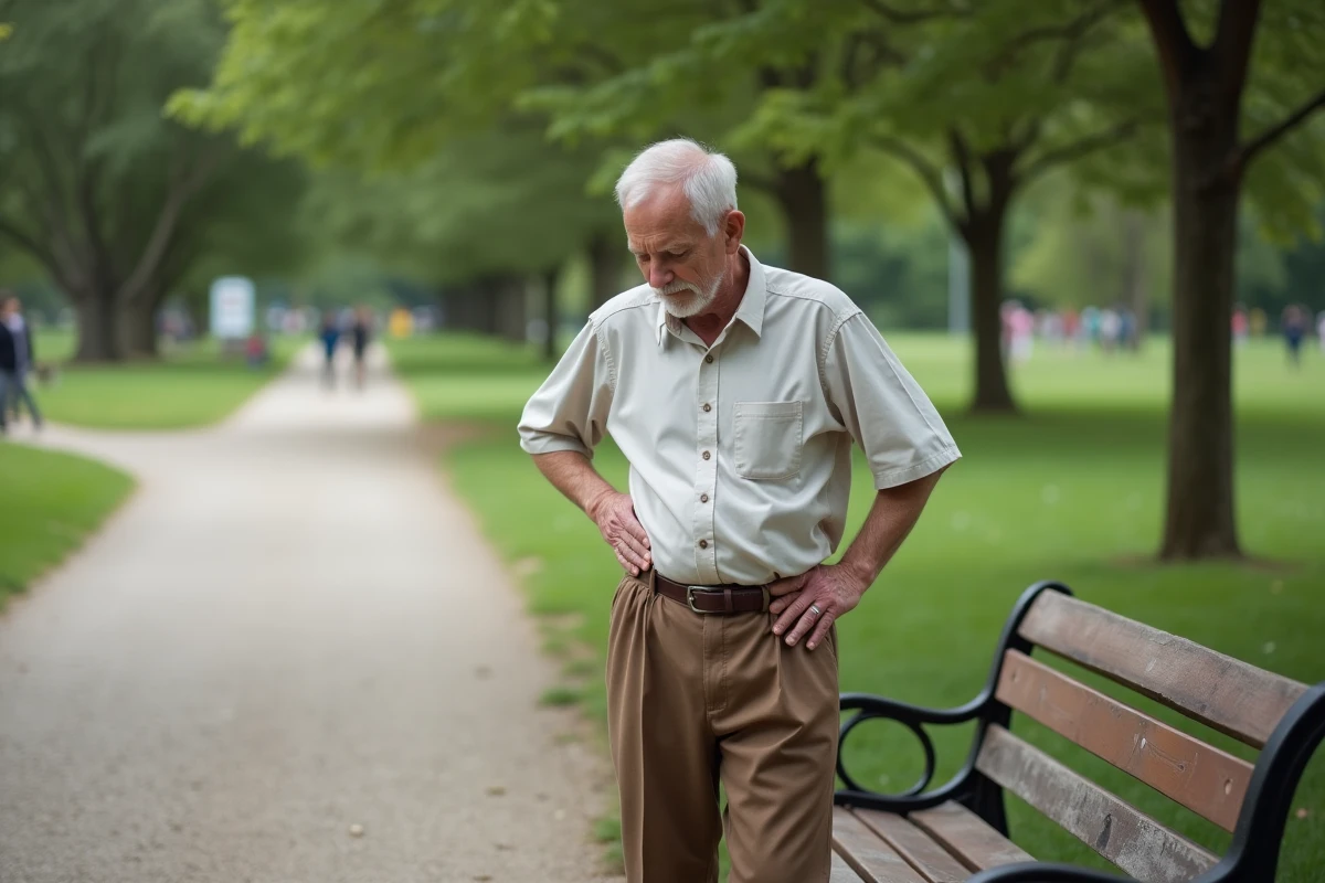 Homme âgé se tenant le côté dans un parc tranquille