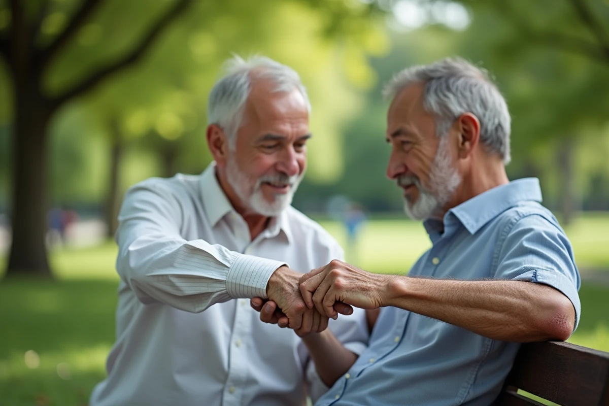 Homme plus âgé observe sa peau sur le bras dans un parc