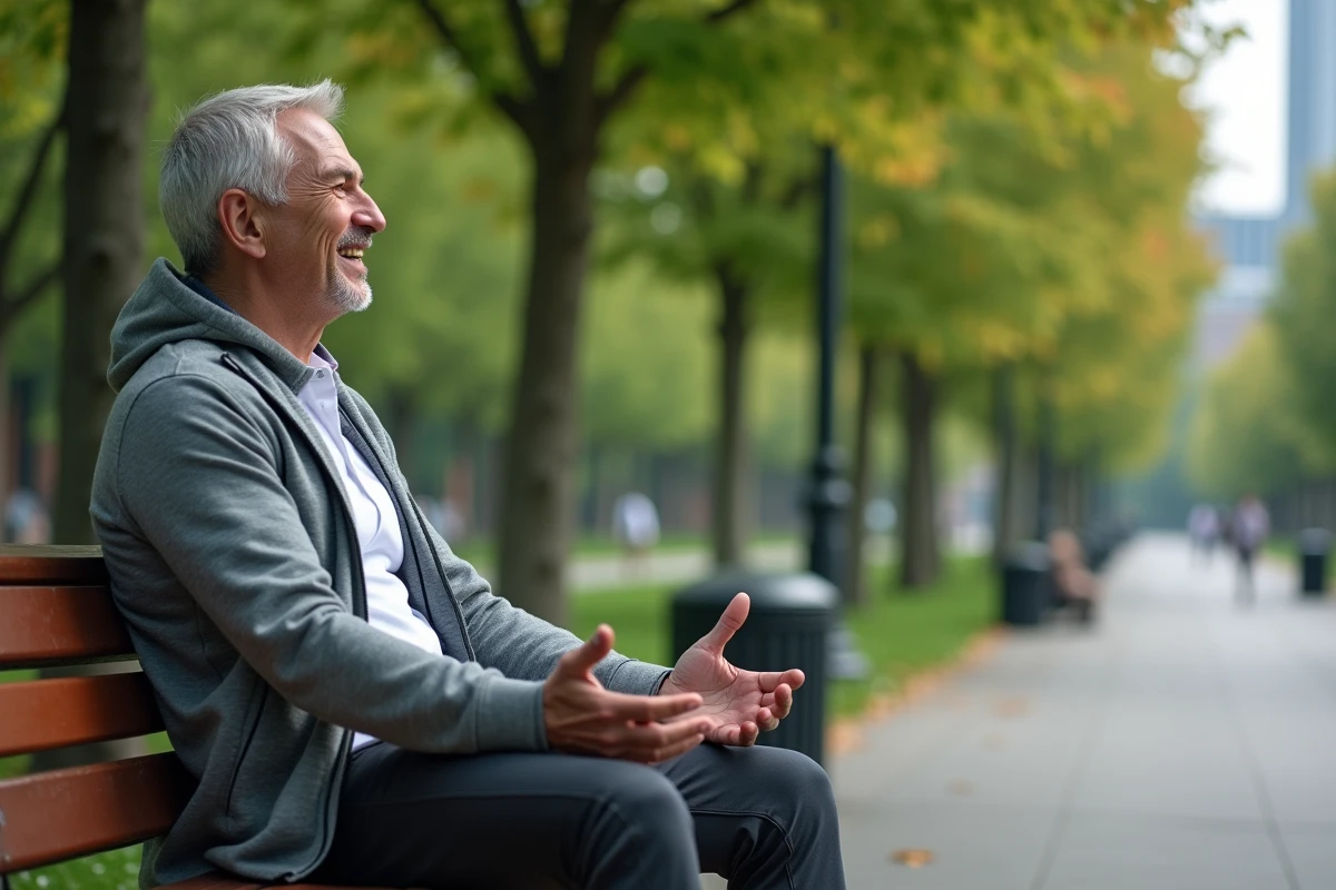 Homme en pause respiration dans un parc urbain