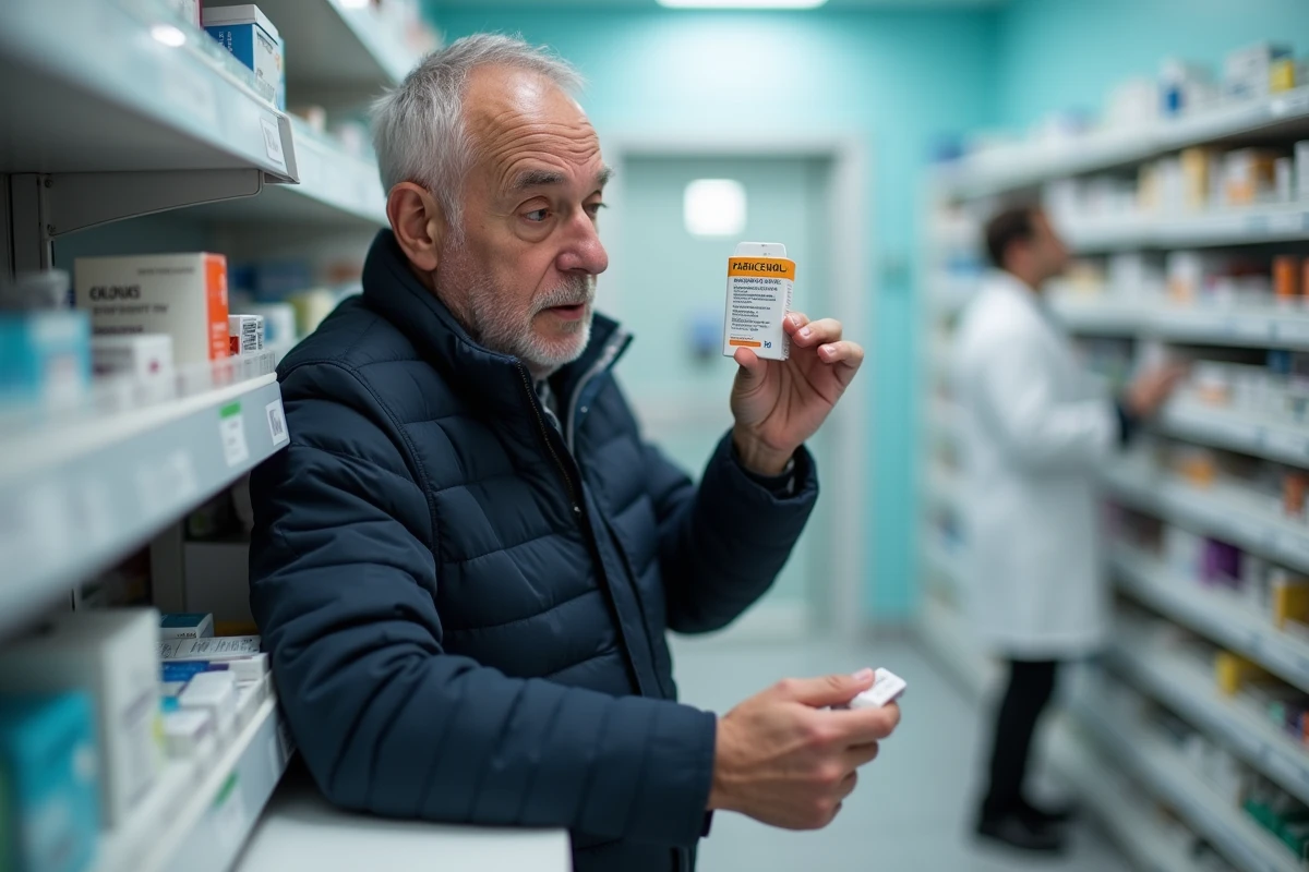 Homme âgé en pharmacie tenant une boîte de paracétamol 1000 mg avec une expression préoccupée, évoquant un malaise vagal possible