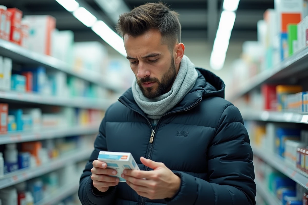 Homme en pharmacie examinant une boîte de pastilles pour la gorge pour soulager une toux persistante