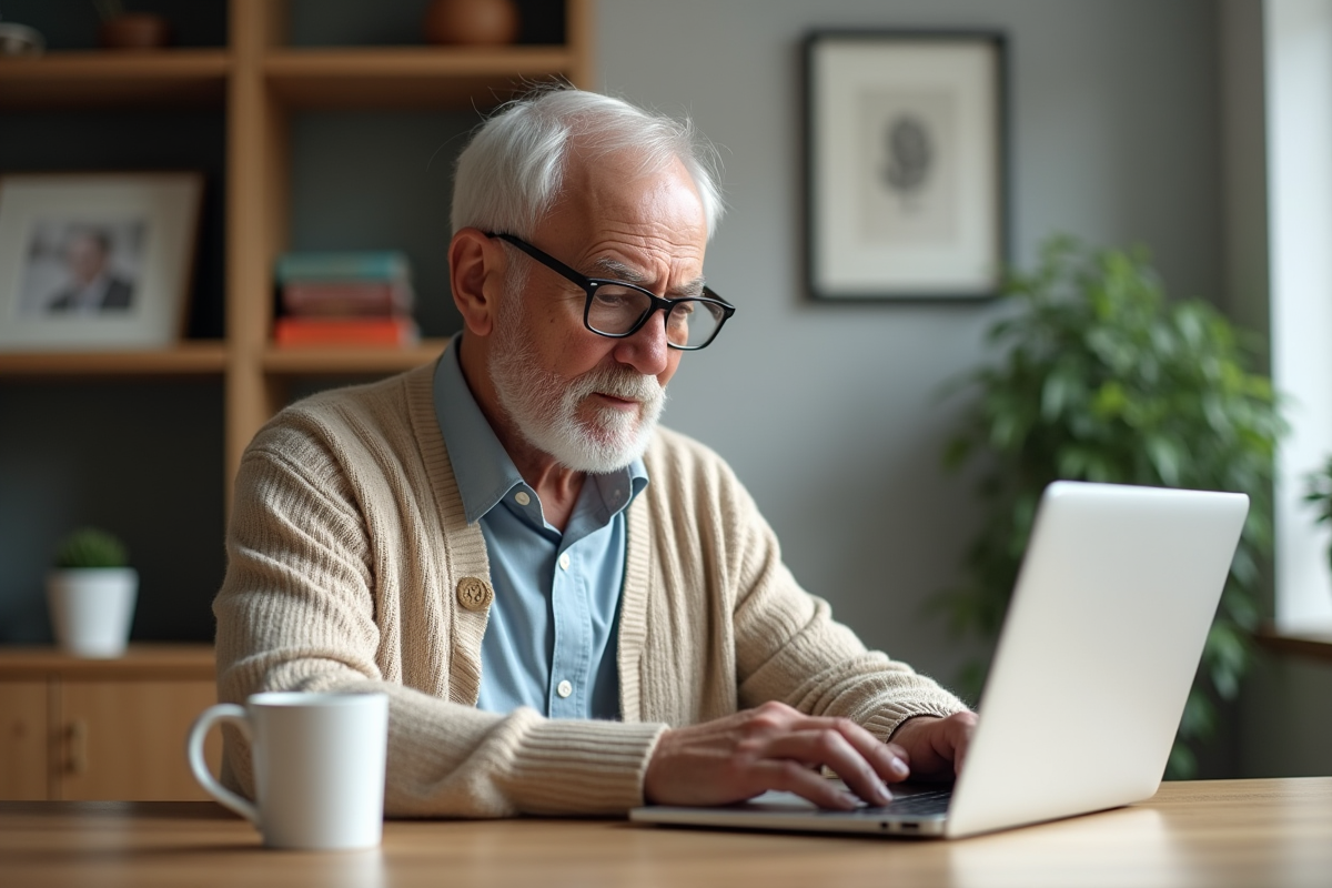 Homme âgé recherchant des informations sur la vaccination sur son ordinateur